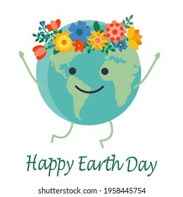 Happy Earth Day card. Jumping smiling planet Earth in flowers crown, vector illustration