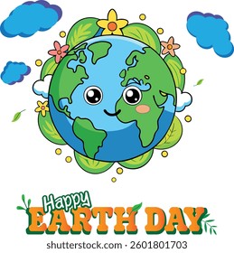 Happy Earth Day Cartoon Illustration with Smiling Planet vector.