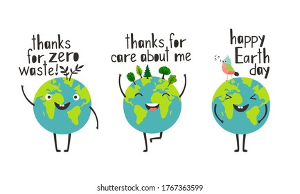 Happy earth day. Cartoon happy planets give thanks for care and zero waste concept, green environment for love and peace, illustration eco friendly world isolated on white backgroun