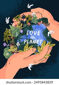 Happy Earth Day, celebration of 22 April poster. Green world protection concept. People love planet, support environment. Human hands hold globe, save ecology, nature. Flat vector illustration