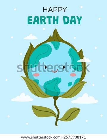 Happy Earth Day. Earth character in the shape of a flower.Earth hour, our planet, ecology concept.