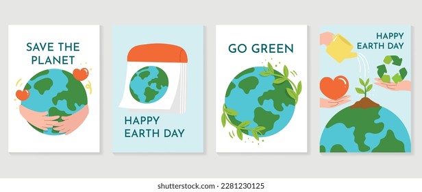 Happy Earth day concept, 22 April, cover vector. Save the earth, globe, plant trees, hugging earth, calendar, recycle. Eco friendly illustration design for web, banner, campaign, social media post.