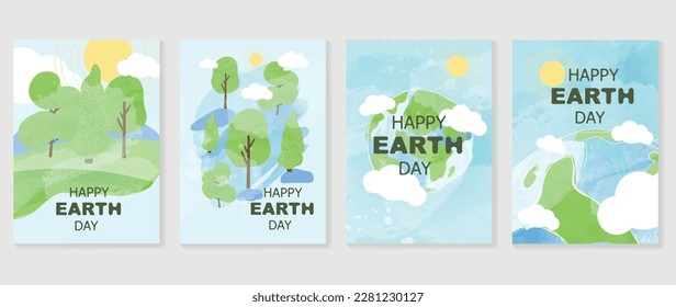 Happy Earth day concept, 22 April, cover vector. Save the earth, globe, forest, trees with watercolor texture. Eco friendly illustration design for web, banner, campaign, social media post.