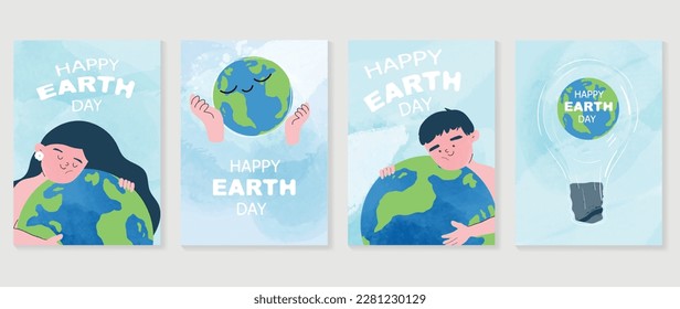 Happy Earth day concept, 22 April, cover vector. Save the earth, globe, hugging earth with watercolor texture. Eco friendly illustration design for web, banner, campaign, social media post.