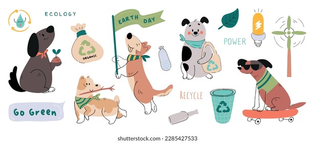 Happy Earth day concept, 22 April, cute dog vector. Save the earth with different dog breeds and recycle element. Eco friendly pet illustration design for web, banner, campaign, social media post.