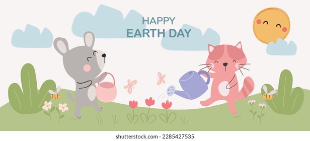 Happy Earth day concept, 22 April, background vector. Save the earth with cute pet, dog, cat, watering flower plant. Eco friendly illustration design for web, banner, campaign, social media post.