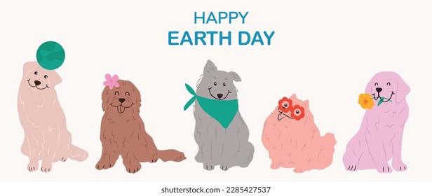 Happy Earth day concept, 22 April, cute dog vector. Save the earth with different dog breeds and earth day element. Eco friendly pet illustration design for web, banner, campaign, social media post.