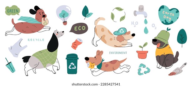 Happy Earth day concept, 22 April, cute dog vector. Save the earth with different dog breeds and recycle element. Eco friendly pet illustration design for web, banner, campaign, social media post.