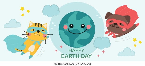 Happy Earth day concept, 22 April, background vector. Save the earth with cute pet, dog, cat in superhero suit. Eco friendly illustration design for web, banner, campaign, social media post.