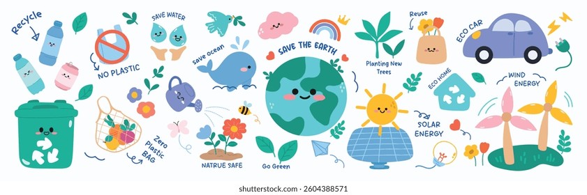 Happy Earth day concept, 22 April element vector set. Save the earth, globe, recycle symbol, whale, bottle, watering can. Eco friendly minimal design for web, banner, campaign, social media post.