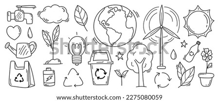Happy Earth day concept, 22 April, element vector set. Save the earth, globe, recycle symbol in simple drawing doodle style. Eco friendly minimal design for web, banner, campaign, social media post.