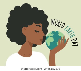 Happy Earth day concept. African american black woman holds earth in hand. World environment day. Save the planet