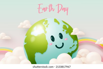 Happy earth day concept art with cute character design and pastel color scheme vector illustration