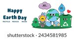 Happy Earth day concept background vector. Save the earth, globe, recycle bin, water drop, flower groovy style. Eco friendly illustration design for web, banner, campaign, social media post.
