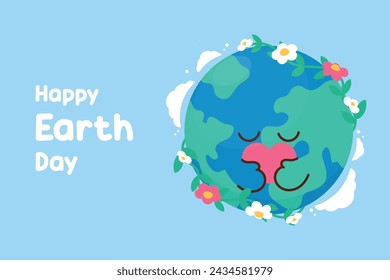 Happy Earth day concept background vector. Save the earth, globe, flower, earth hugging heart, cloud. Eco friendly illustration design for web, banner, campaign, social media post.