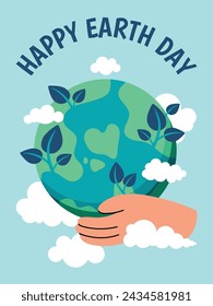 Happy Earth day concept background vector. Save the earth, globe, embrace, tree, cloud. Eco friendly illustration design for web, banner, campaign, social media post.