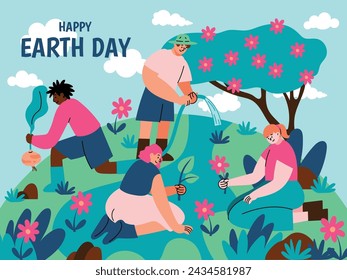 Vector de fondo del concepto del día feliz de la Tierra. Salva la tierra, el globo, planta el árbol, la gente, la flor. Diseño de ilustración ecológico para web, banner, campaña, publicación en redes sociales.