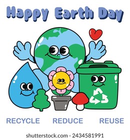 Happy Earth day concept background vector. Save the earth, globe, recycle bin, water drop, flower groovy style. Eco friendly illustration design for web, banner, campaign, social media post.