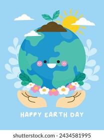 Happy Earth day concept background vector. Save the earth, globe, sun, flower, plant tree, embrace, cloud. Eco friendly illustration design for web, banner, campaign, social media post.