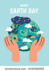Happy Earth Day Konzept Hintergrund Vektor. Rette die Erde, den Globus, Umarmung, Baum, Blume. Umweltfreundliches Illustrationsdesign für Web, Banner, Kampagne, Social Media Post.