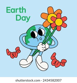 Happy Earth day concept background vector. Save the earth, globe, flower groovy style. Eco friendly illustration design for web, banner, campaign, social media post.