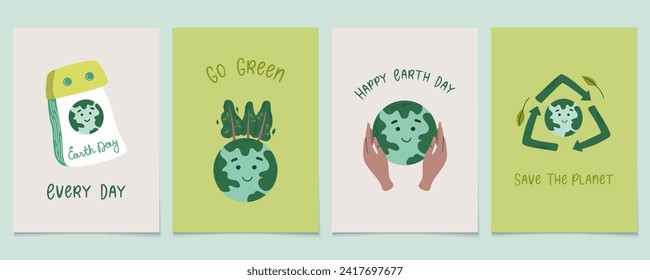 Happy Earth day. Concept of caring for nature and environmental protection. Save the Earth, globe, forest, calendar, recycle. Eco friendly cards design. Flat style vector illustration for web, banner.