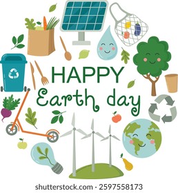 Happy Earth day concept in circle form and with the inscription. Eco friendly, waste sorting, green energy elements on round banner 