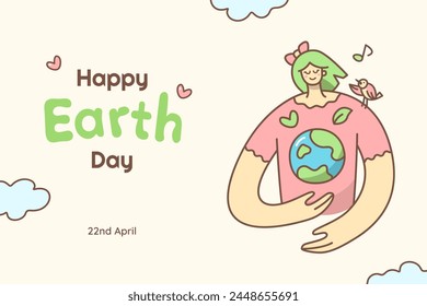 Happy Earth Day concept with cute girl holding globe illustration