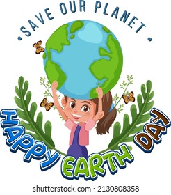 Happy earth day concept with a girl holding earth globe illustration
