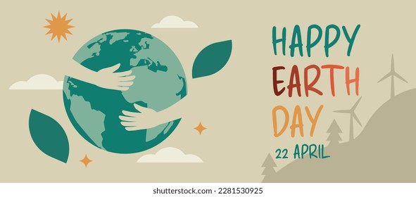 happy earth day concept, human hands hug planet globe for environment care, save the world banner background, flat vector illustration design