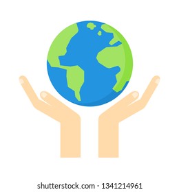 Happy Earth day concept. Save the earth. two hands protecting the world Isolated on white background. Cartoon style. Vector Illustration.