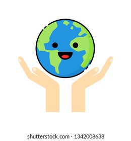 Happy Earth day concept. Save the earth. two hands protecting the world Isolated on white background. Cartoon style. Vector Illustration.
