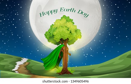 Happy Earth day concept: A supper Tree with green cape showing earth power.