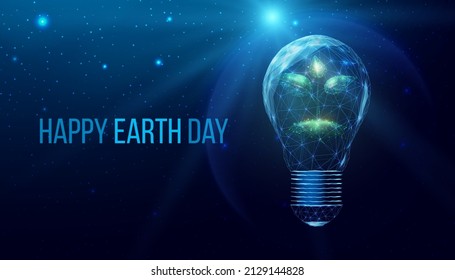 Happy Earth Day concept. Wireframe polygonal plant in lightbulb with planet. Futuristic modern abstract background. Vector illustration.