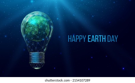 Happy Earth Day concept. Wireframe polygonal lightbulb with planet Earth. Futuristic modern abstract background. Vector illustration.