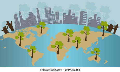 Happy Earth day conceptual vector with world map and trees on the map.