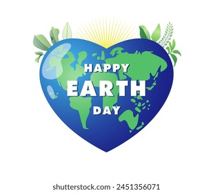 Feliz Día de la Tierra tarjeta de felicitación creativa. Publicación de cronología de redes sociales. Planeta 3D corazón, Sol y plantas. Guardar la idea del póster de la Tierra. Símbolo de la Madre Tierra. Lindo icono. Plantilla de logotipo medioambiental.