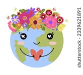 Happy Earth day. Cute cartoon funny kawaii Earth character with wreath of flowers. Vector illustration. 