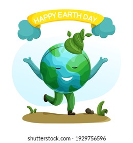Happy Earth Day. Cute cartoon Earth. Concept of environmental protection and nature care. Design for greeting card, invitation, postcard, poster or print. Vector illustration.