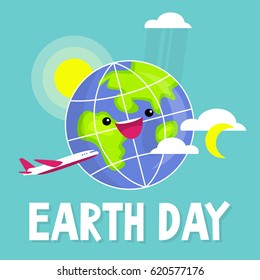 Happy Earth Day. Cute cheerful Earth surrounded by Sun, Moon, clouds and plane. Flat editable vector illustration, clip art