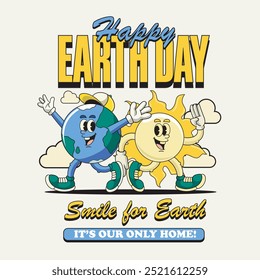 Happy Earth Day Cute Globe Planet Save Energy Funny Vintage Retro 60s 70s Cartoon Character Mascot Vector Illustration in Groovy Psychedelic Style