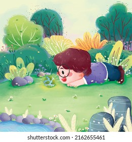 Happy Earth Day! Cute Little Boy looking a Earth at the garden. Go Green. Save Nature. Templates for card, poster, banner, flyer. 