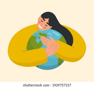 Happy Earth Day. Cute smiling girl hugging planet. Concept of environmental protection and nature care. Design for greeting card, postcard, poster, web or print. Flat vector illustration.