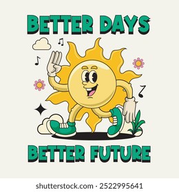 Happy Earth Day Cute Sun Funny Vintage Retro 60s 70s Cartoon Character Mascot Vector Illustration in Groovy Psychedelic Style