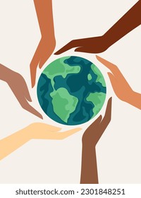 Happy earth day. Different nationality's hands hold and protect our Planet and. Hands protect the Earth. Earth Day. Vector illustration in flat cartoon style.