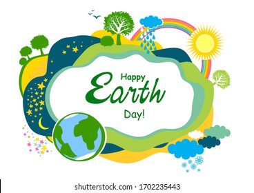 Happy Earth day. Eco friendly ecology concept. Flat Vector illustration. Earth day flat concept. World environment day background. Save the earth. Green day. Horizontal banner. Vector Illustration