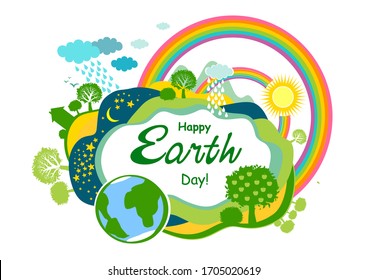 Happy Earth day. Eco friendly ecology concept. Flat Vector illustration. Earth day flat concept. World environment day background. Save the earth. Green day. Horizontal banner. Game backdrop. 