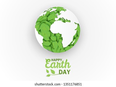 Happy earth day . Ecology concept,  Design with leaves in the globe on white background . paper art style. Vector.