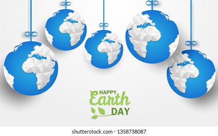 Happy earth day . Ecology concept, Design with  blue globe hanging on a white background. Vector.