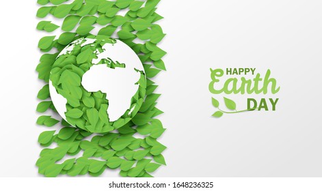 Happy earth day . Ecology concept. Design with leaves in the globe map on white background. Vector.